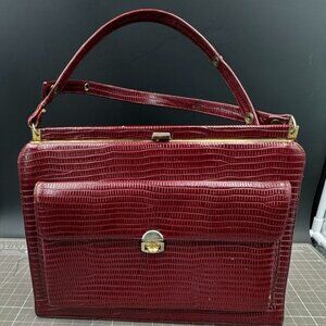 Vintage Red Reptile Style Possibly Leather Handbag Gold-Tone Hardware Adjustable